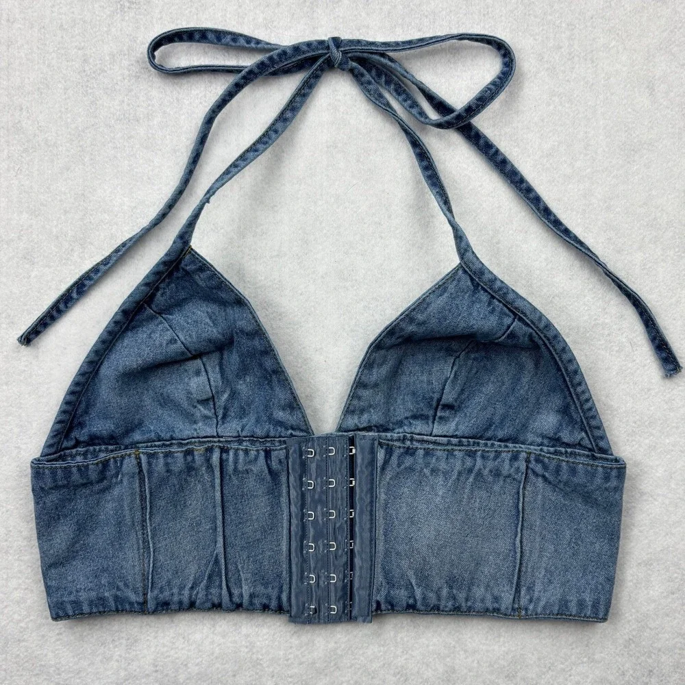Emma & Sam Crop Top Womens Small Blue Denim Triangle Halter Hook Eye Bralette